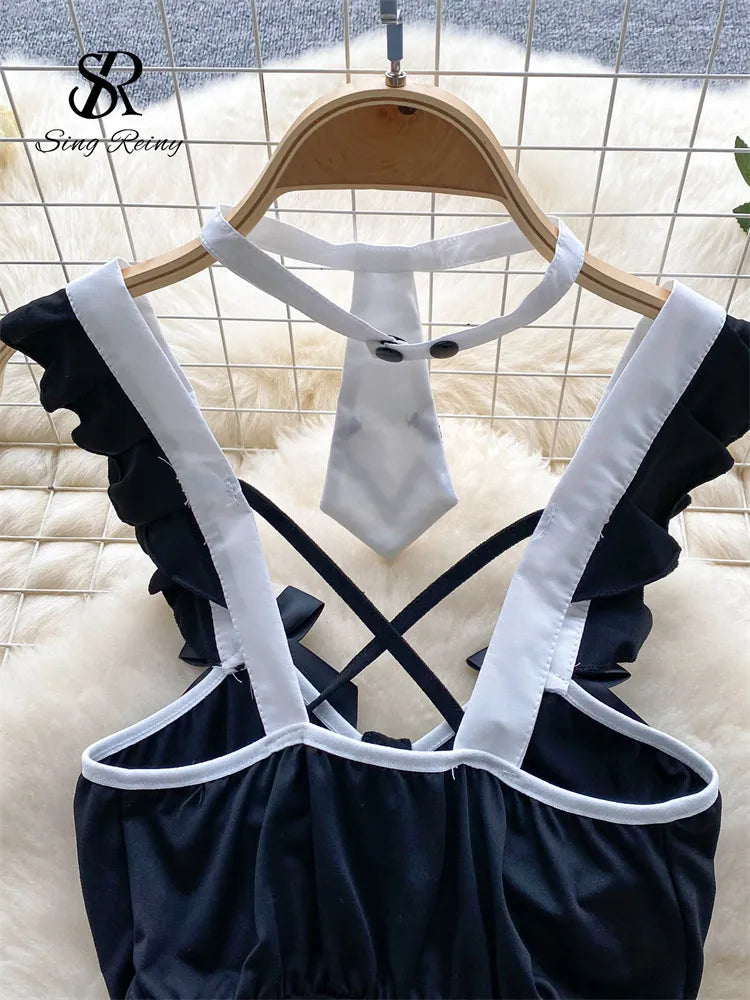 Monos de Cosplay con tirantes y lazo con volantes, ropa de dormir Sensual calada ajustada, monos sexys con entrepierna abierta Wanita