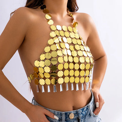 IngeSight.Z Sexy Sequins Hanging Neck Bra Top Chest Chain Women Summer Beach Crystal Tassel Pendant Body Festival Y2K Jewelry