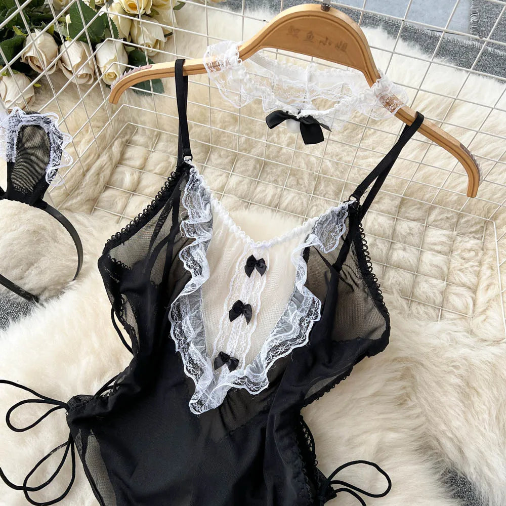 Cosplay de sirvienta de conejo, monos sexys para mujer, ropa de dormir ajustada de encaje con empalme de malla transparente, mono Sexy con entrepierna abierta 2023 Wanita