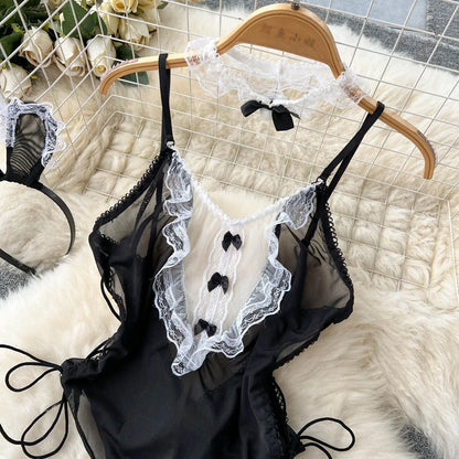 Cosplay Rabbit Maid Sexy Bodysuits Ladies Transparent Mesh Splice Lace Slim Nightwear 2023 Open Crotch Sexy Jumpsuit Wanita