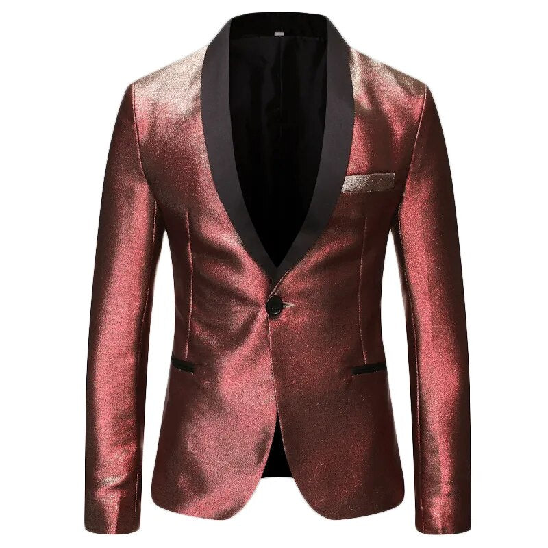 Blazer de vestir degradado a la moda brillante para hombre, chal con un botón, solapa, chaqueta de traje elegante, esmoquin informal para fiesta, graduación, banquete de boda