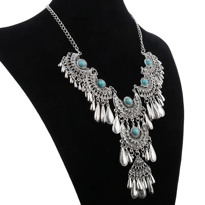 Vintage Ethnic Exaggerated Statement Necklaces Antique Silver Color Carved Water Drop Tassel Necklaces For Women Boho Jewelry