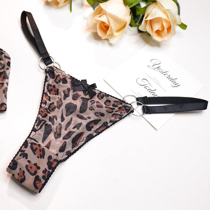 Leoparden-Dessous, sexy, ausgefallene Unterwäsche, transparente BH-Anzüge, 5-teilige sinnliche, intime, luxuriöse Spitzen-Slip-Sets