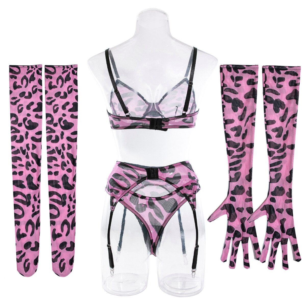 Lencería de leopardo con guantes de media, ropa interior sin costuras, conjunto de liguero Sensual, trajes sexys íntimos rosa