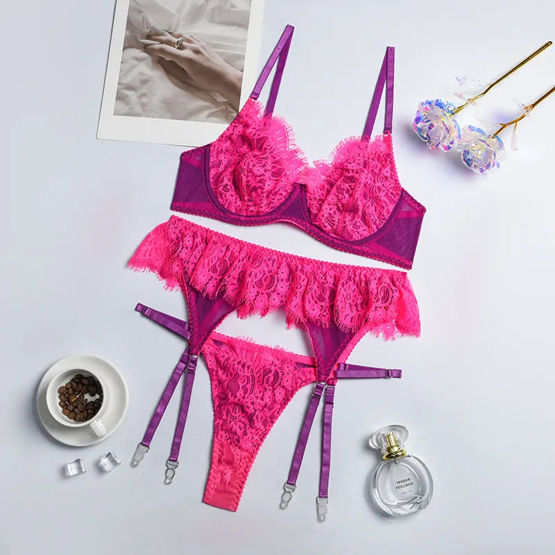 Feine Dessous für Frauen, Spitze, sexy Unterwäsche, Damen-Körper, Rüschen, Strumpfgürtel-Set, ausgefallener BH und Höschen-Set, intime Outfits