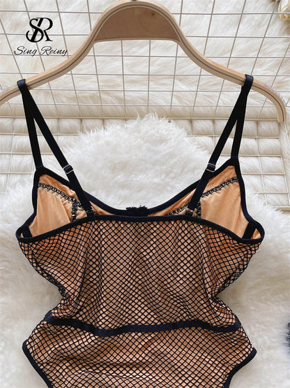 Wanita Damen-Träger, rückenfrei, sexy Bodys, ärmellos, Korsett-Hülle, sinnlicher Bikini, 2023, modische Mesh-Playsuits