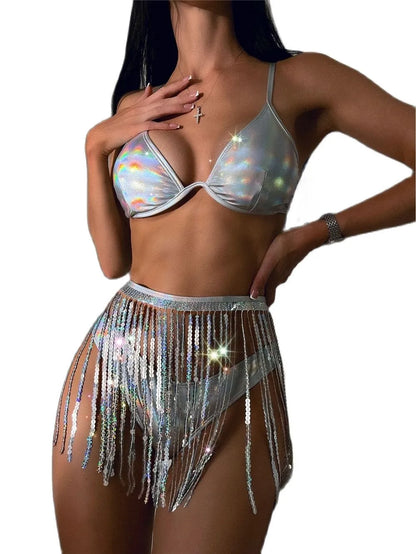 Holographic Glitter Sequins Music Festival Rave Outfit Fringe Mini Skirt Sexy Thongs Streetwear Club Party Women Bikini 3Pcs Set