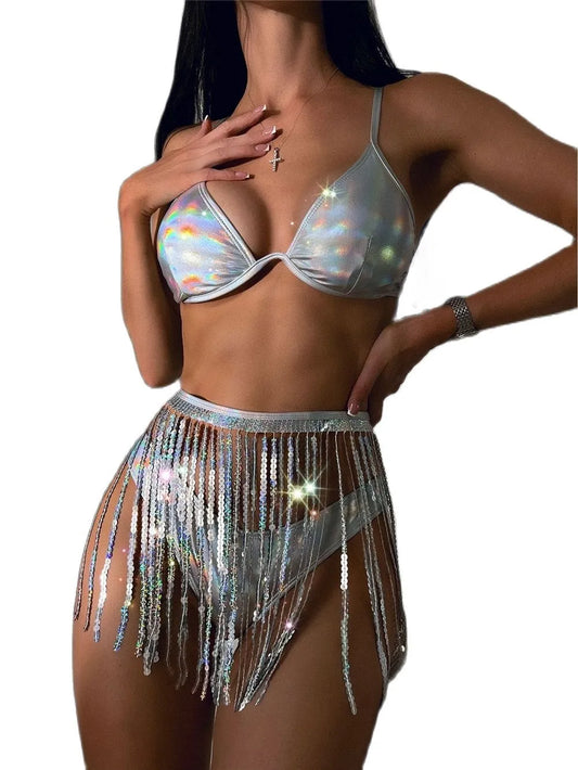 Traje holográfico con purpurina y lentejuelas para fiesta de música, minifalda con flecos, tangas sexis, ropa de calle, fiesta, Club, Bikini para mujer, conjunto de 3 uds.