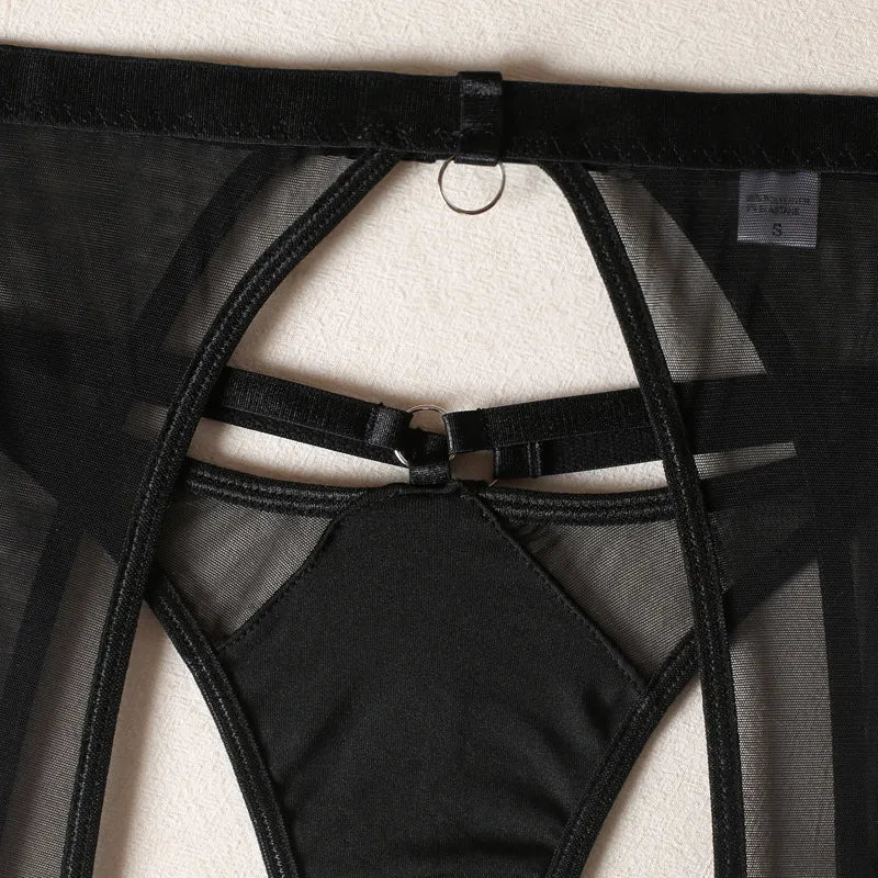 Conjunto de lencería Sexy para mujer, chaleco de 3 piezas, Top, ropa interior sin costuras, conjunto de liguero, Tanga, conjuntos íntimos negros