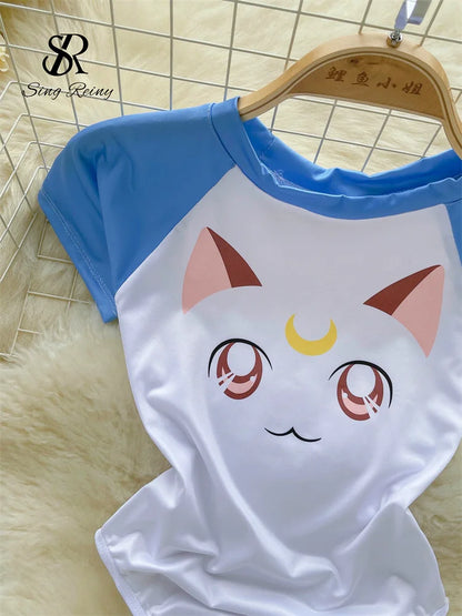 Monos ajustados dulces de verano para mujer, camiseta con estampado de gato de manga corta y cuello redondo, monos sexys elásticos con entrepierna abierta para mujer Wanita