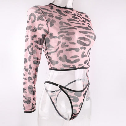 Trajes de lencería de leopardo, Tops de color rosa claro, conjuntos de manga larga para mujer, 2 piezas, Color de contraste, productos íntimos para chica joven