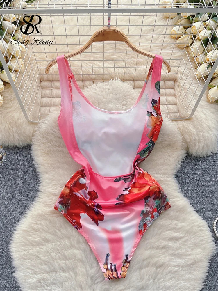 Backless Print Sexy Bodysuits Ladies Strap Sleeveless Elastic Floral Sensual Bikini Open Crotch Slim  Playsuits Wanita