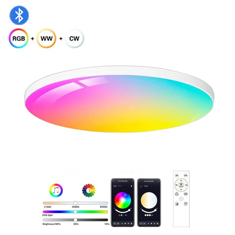 Luz LED de techo redonda inteligente con Bluetooth, luces de habitación regulables con cambio de colores, RGB, CW, WW, Control por aplicación remota, Tuya