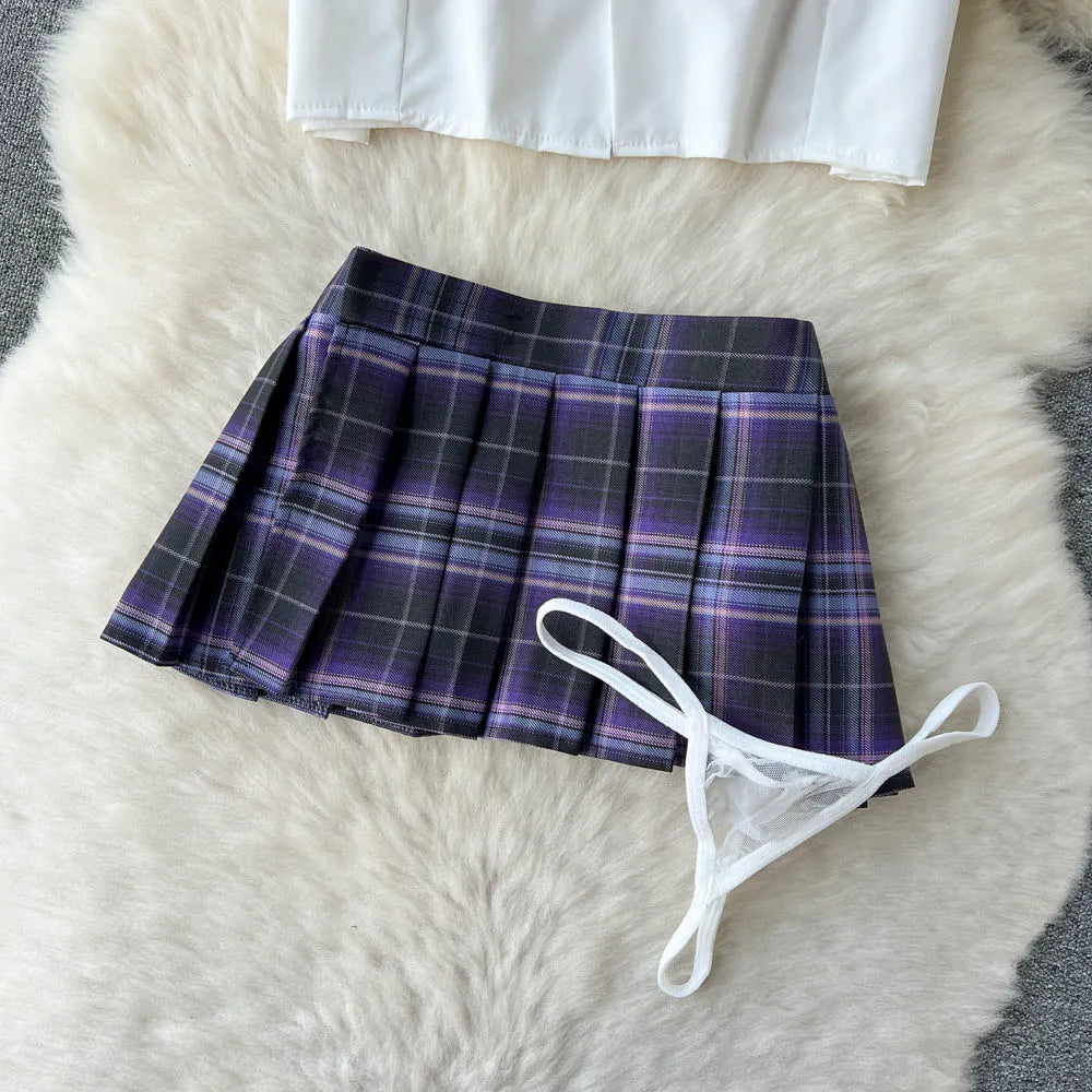 Cosplay Outfit Frauen Revers Hals Kurzes Hemd + Plaid Mini Rock + Tangas 2023 Adrette Sexy Nachtwäsche Wanita