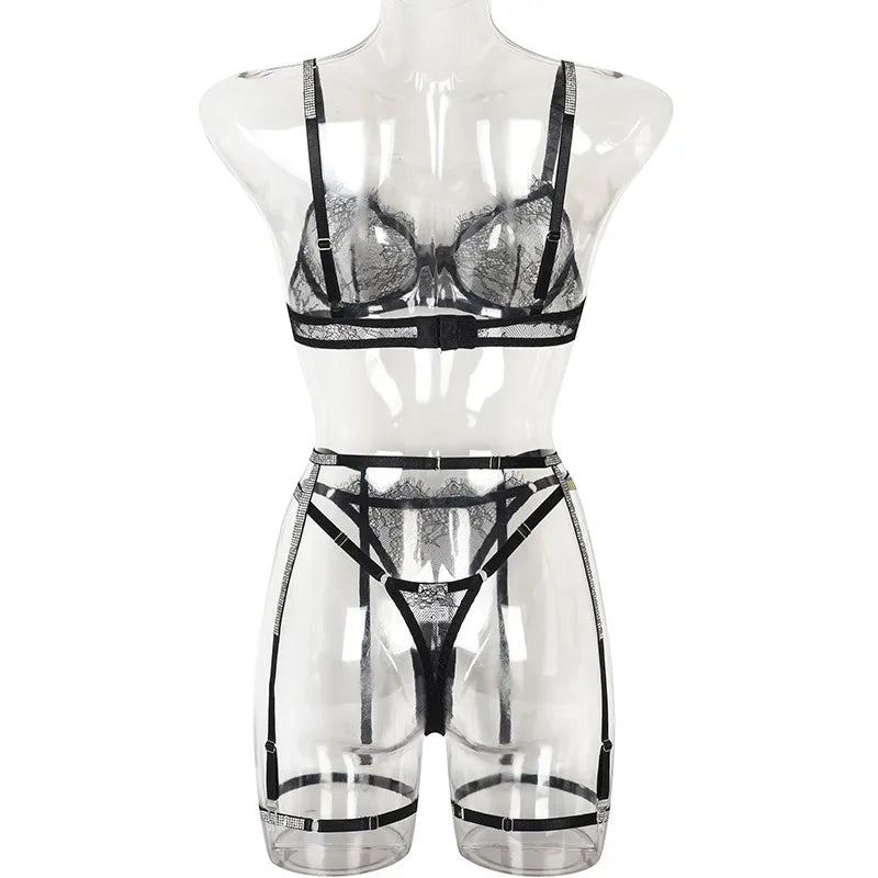 Strass Dessous Sexy Transparent Outfit Spitze Unterwäsche BH und Höschen Set nackte Frauen unzensiert ausgefallene Intimität