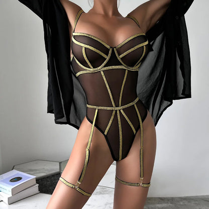 Sinnlicher Bodysuit, luxuriöser, nahtloser Body, transparente Spitzenoberteile, einteilige Dessous, ouvert, Dessous, Teddy