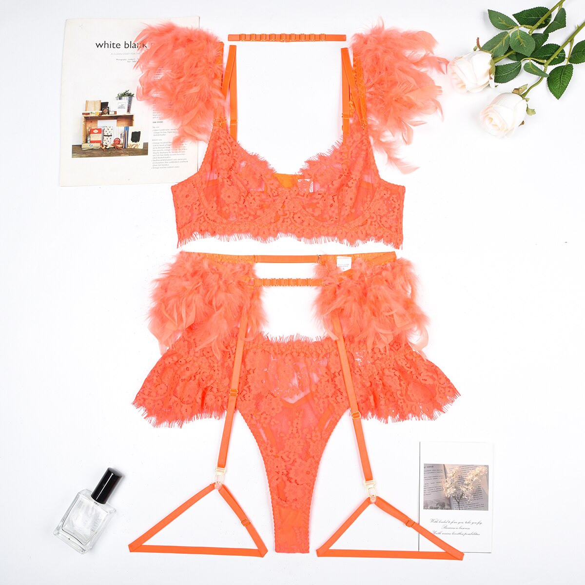 Lencería de plumas, ropa interior de lujo de encaje, conjuntos de sujetador y bragas transparentes de 5 piezas, Sissy íntimo sin costuras, Push Up Sensual