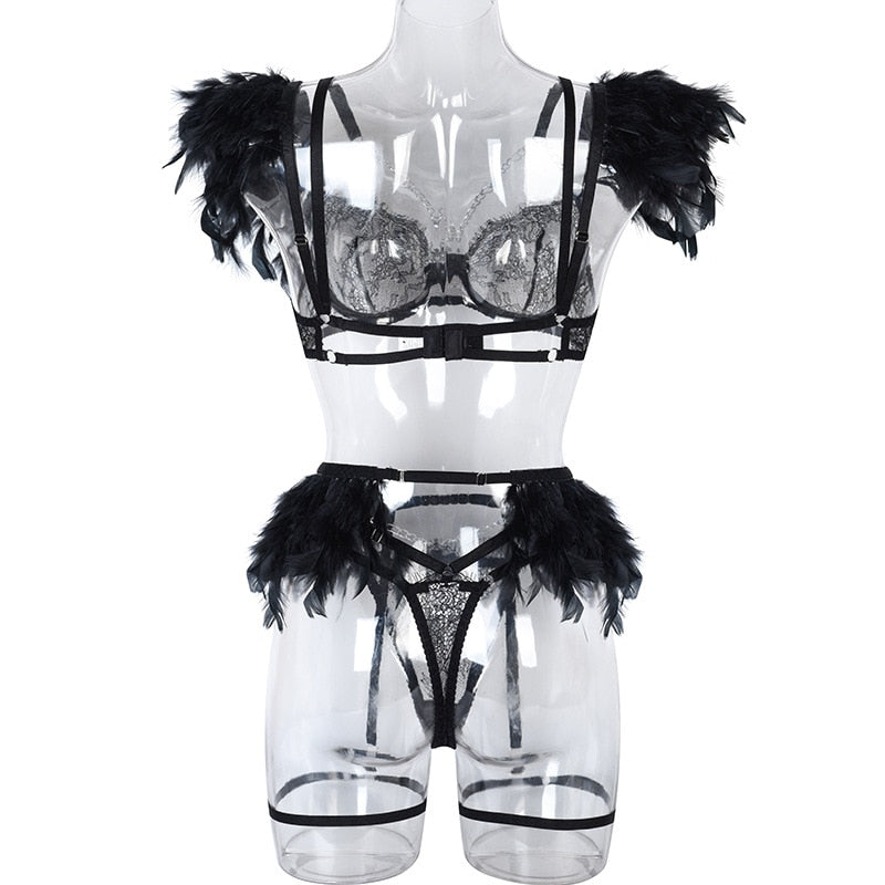 Lencería de plumas, ropa interior Sexy para mujer, sujetador transparente, cadena de Metal, encaje, conjunto de 3 piezas, íntimo de lujo