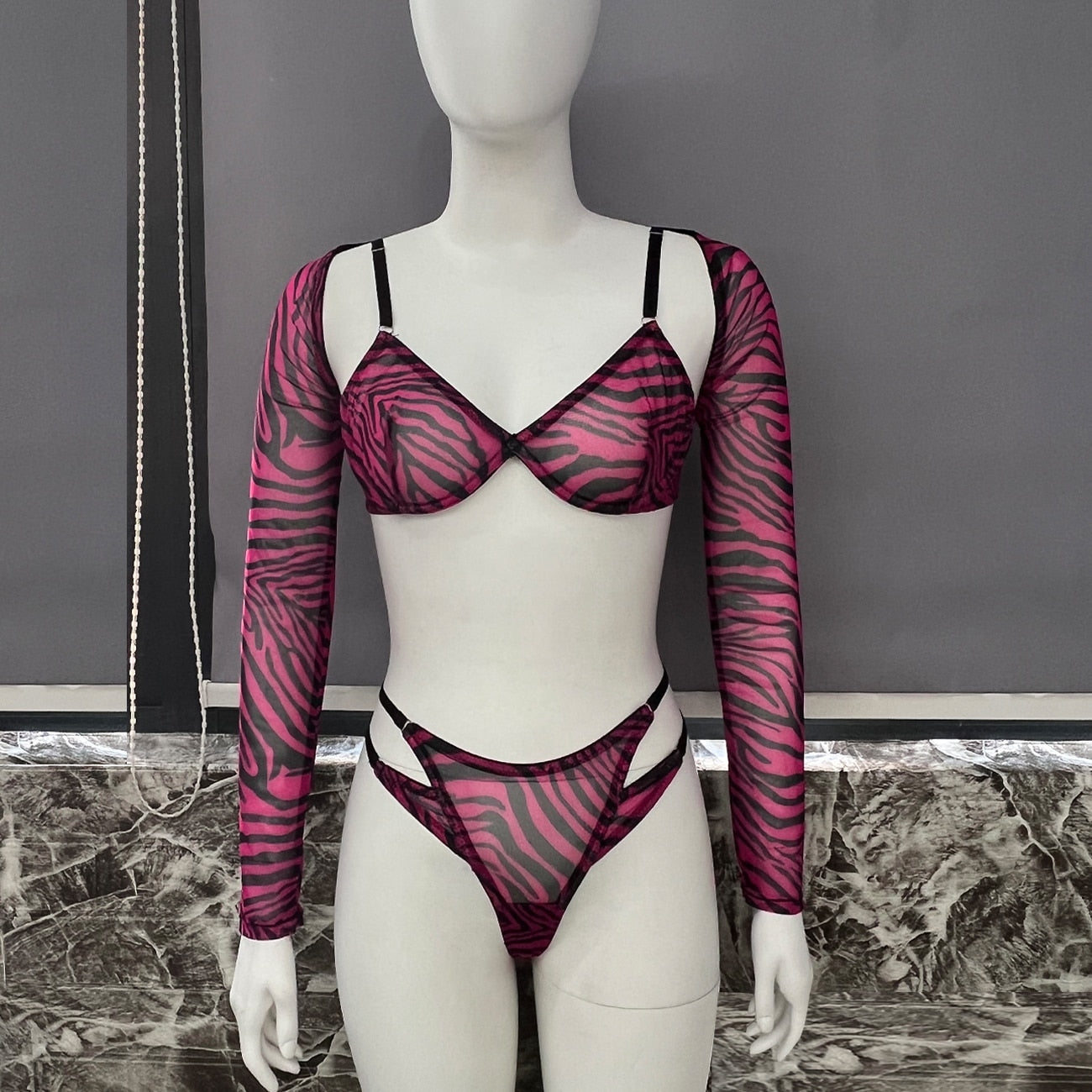 Zebra-Dessous für volles Crop-Top, enges Outfit, transparente transparente Spitze, nahtlose Intim-String-Slip-Sets