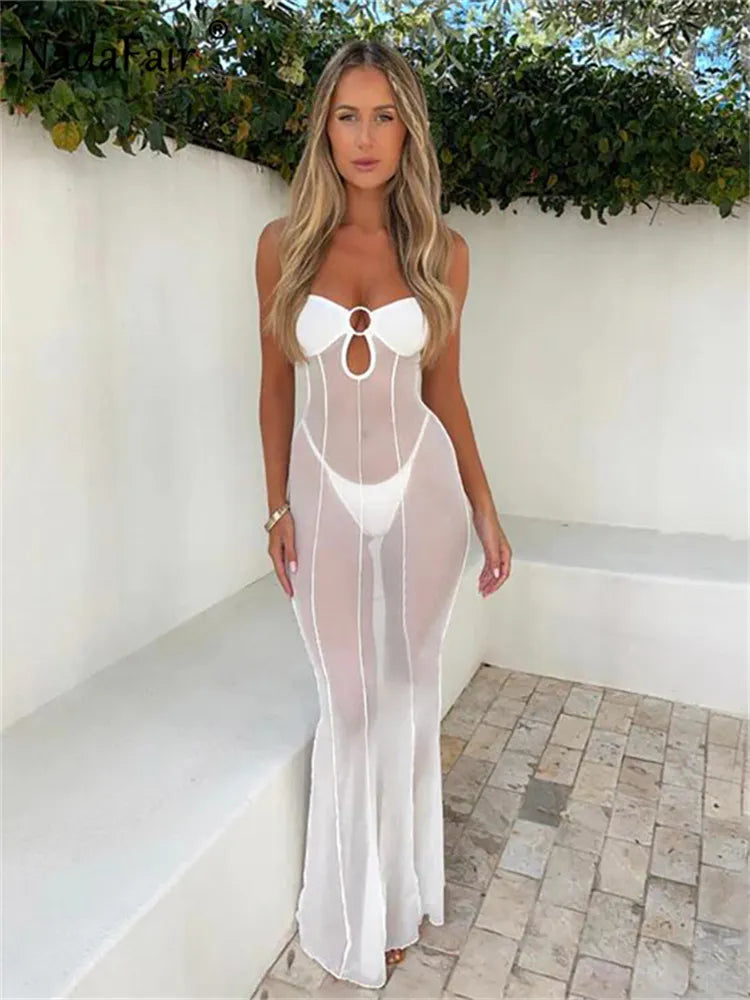 Nadafair Frauen Trägerloses Mesh Durchsichtig Sexy Langes Kleid Strand Ärmelloses Sommer Party Club Kleider Weiß Schwarz Aushöhlen