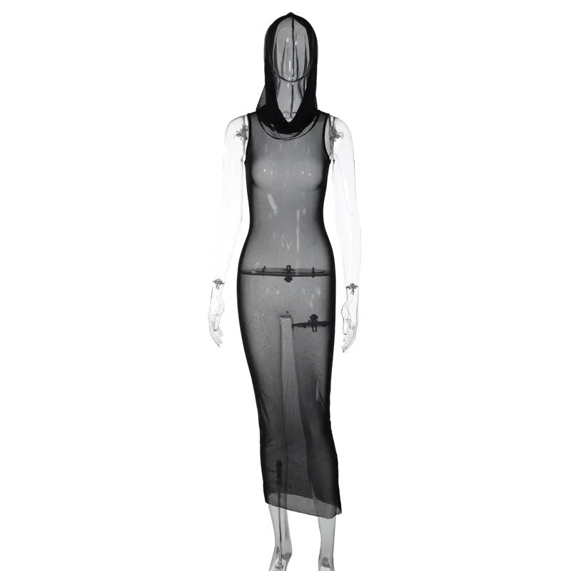 Schwarzes Mesh-Kleid mit Kapuze, ärmellos, transparent, figurbetont, sexy Kleid für Frauen, Sommer, langes Strandkleid, Vertuschungen