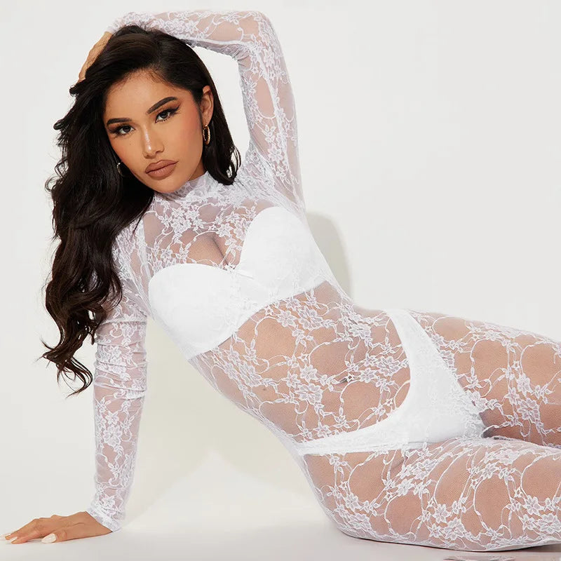 New Fashion Sexy See-through White Lace Mesh Jumpsuits Women 2023 Fall Winter Long Sleeve See-through Bodysuit Night Club Outfit