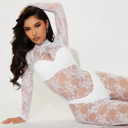 Monos sexis de malla de encaje blanco transparente para mujer, traje transparente de manga larga para otoño e invierno, traje para Club nocturno 2023