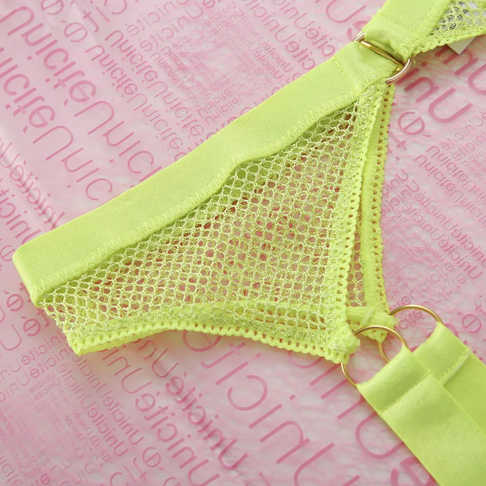 Sexy Neon-Dessous mit Socken, Spitze, Schleife, transparente Unterwäsche, durchsichtiges Netz, 5-teilig, heiße durchsichtige Sets