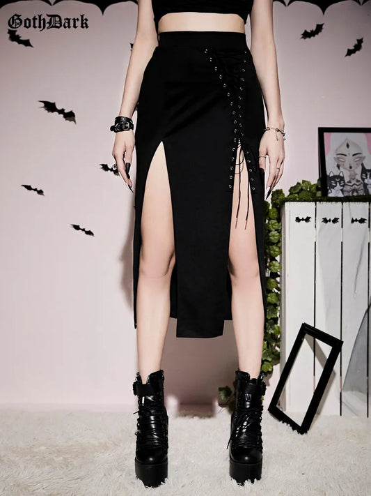 Goth Dark Grunge  High Split Sexy Midi Skirts Mall Gothic Techwear Irregular Eyelet Long Skirt For Women Black Partywear