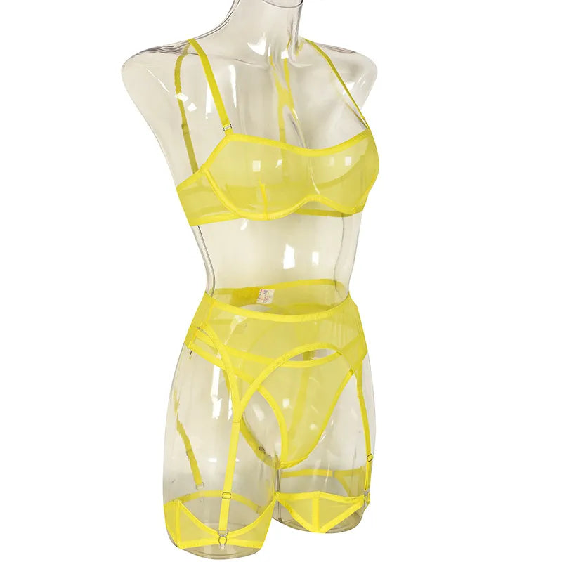 Ropa interior Sexy de 3 piezas para mujer, lencería transparente, conjunto de sujetador y bragas, ropa íntima de encaje, traje fino sin costuras