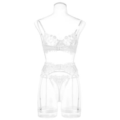 Feines Dessous-Set für Damen, Spitzen-Set, ausgefallene Unterwäsche, transparentes BH-Set für Damen, Blumen-Tanga, intimes Strumpfgürtel-Set