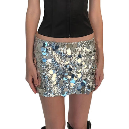 Frauen Glänzende Pailletten Mini Rock Sommer Sexy Low Taille Elastische Bodycon Rock für Strände Club Streetwear Glitters Kurzen Rock