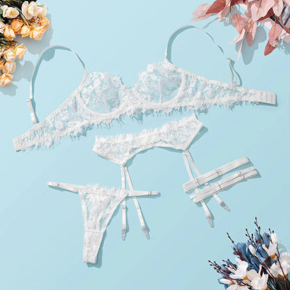 Feines Dessous-Set für Damen, Spitzen-Set, ausgefallene Unterwäsche, transparentes BH-Set für Damen, Blumen-Tanga, intimes Strumpfgürtel-Set