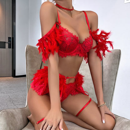 Lencería de plumas, ropa interior de lujo de encaje, conjuntos de sujetador y bragas transparentes de 5 piezas, Sissy íntimo sin costuras, Push Up Sensual