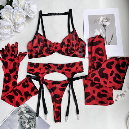 Leopard Lingerie With Stocking Gloves Fancy Seamless Underwear 6-Piece Garter Belt Set Intim Goods Lace  Sets