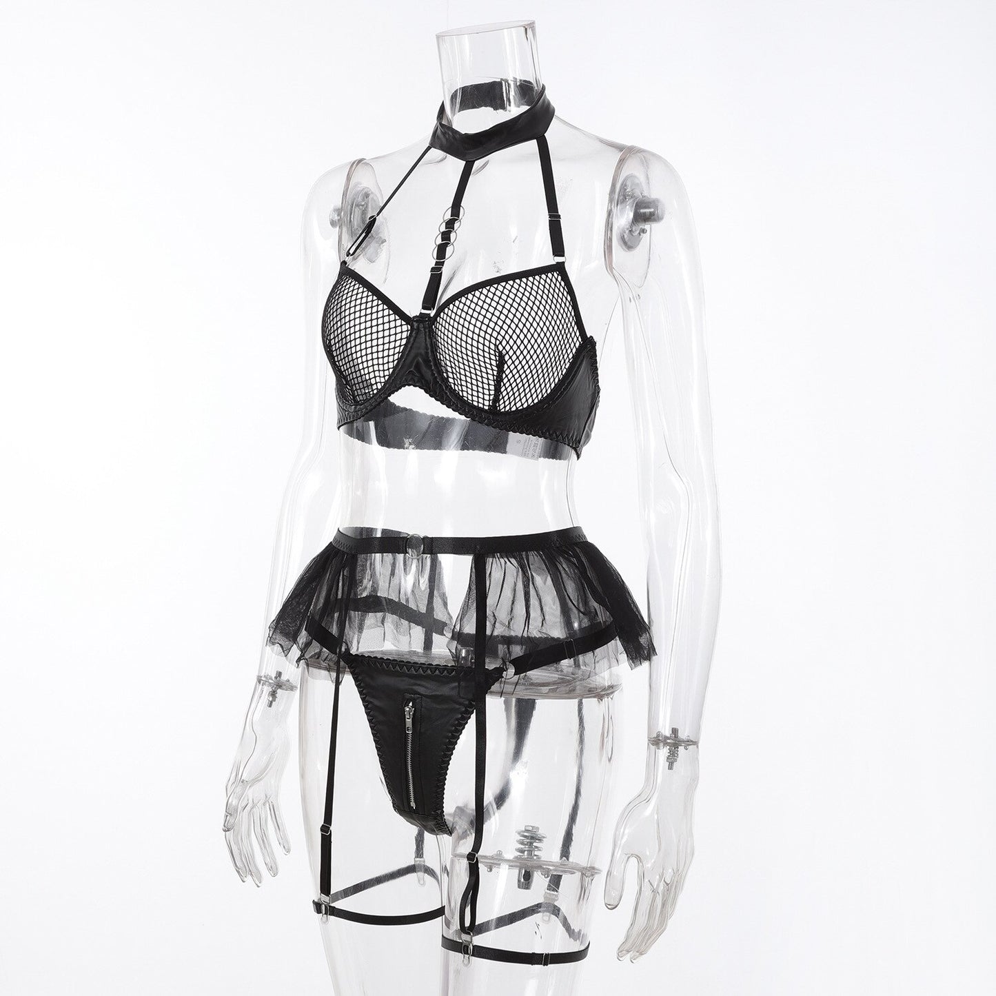 Fischnetz-Dessous, Neckholder-BH, gerüschtes Strumpfband, PVC-Unterwäsche, transparente, sinnliche Sissy-Outfits ohne Schritt