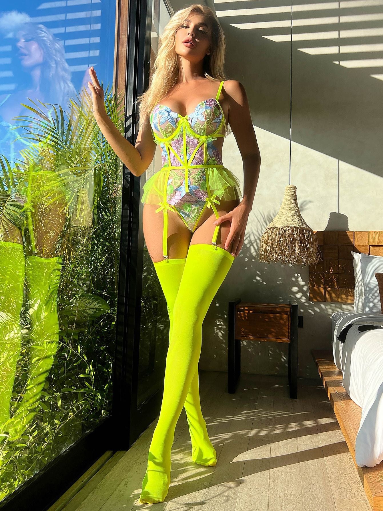 Luxury Lace Bodysuit With Stocking Neon Green Floral Body Ruffle Garter Festival Outfit Sexy Top Tight Fitting Babydoll