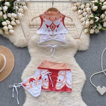 Cosplay Sexy Suits 2023 Sleeveless Mini Top+Short Slim Skirt+Thongs Sheath Print Bikini Sweet  Three Pieces Sets Wanita