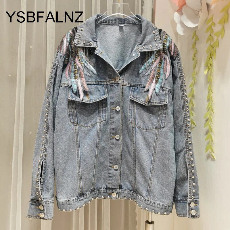 Rivet Wings Coats Women Casual Embroidered Denim Jacket Sprint Short Denim Coat Jackets For Women Long Sleeve Chaqueta Mujer