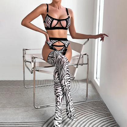 Zebra Sexy Strümpfe Dessous Cup Out BH Brasilianisches Intimset Fantasy Kostüm Passende G-String Outfits