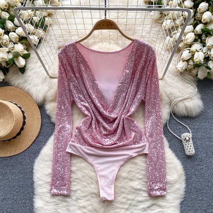 Senior Women Sheath Sexy Bodysuits Long Sleeved Backless Open Crotch Shapewear 2023 Fashion Sequins Night Club Outfit Wanita