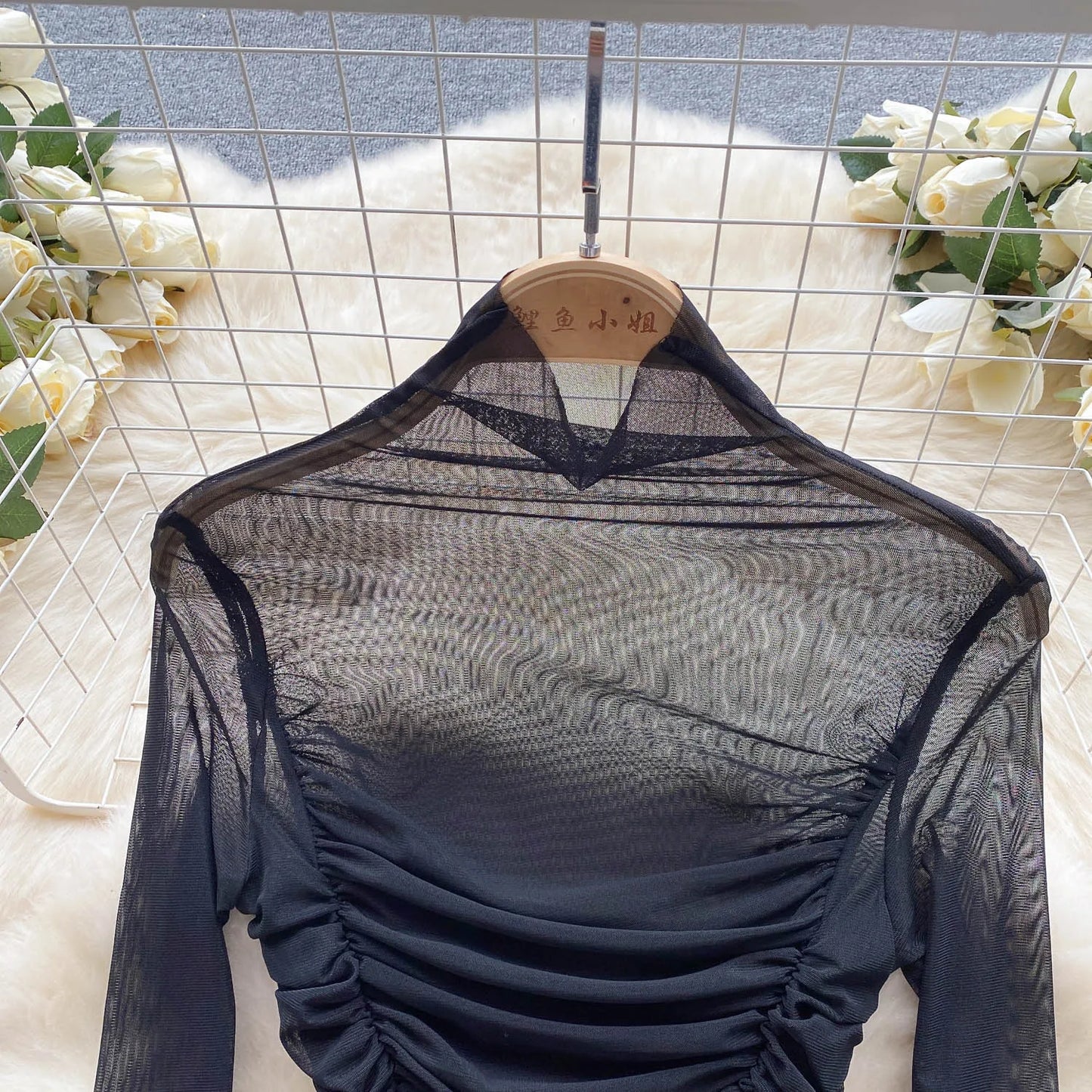 Sheer Ruched Mesh Sexy Bodysuits Half High Collar Long Sleeved Bodycon Streetwear 2023 Women Open Crotch Slim Playsuit Wanita