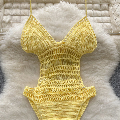 Wanita, aushöhlen, rückenfrei, sexy Bodys, modisch, Damen-Halter, Strand, gestrickt, Top, 2023, schiere Schnürung, Urlaub, schlanke Playsuits