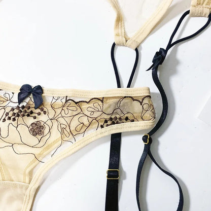 Dessous Sexy transparenter BH mit Bügel, transparent, heiße Kostüme, Schleife, Blumenstickerei, Strumpfhalter-Sets