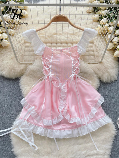 Lace Up Sweet Cosplay Sensual Mini Dress Women Strap Ruffles Nightwear+Thongs 2023  Sexy Sheer Nightdress Wanita