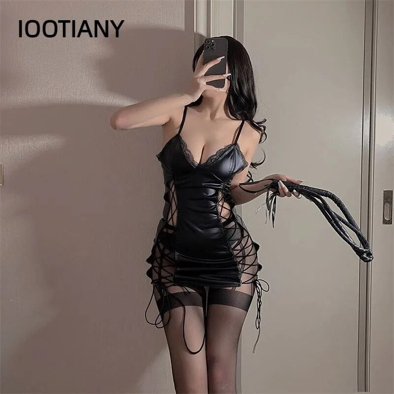 IOOTIANY camisón de charol brillante para mujer, lencería Sexy con aspecto húmedo, espalda descubierta, pecho expuesto, ceñido al cuerpo, vestido de Cosplay con cordones