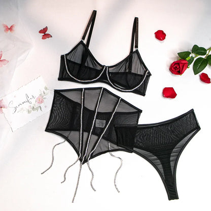 Strass-Dessous-Sets für Damen, luxuriöse sexy Spitzenunterwäsche, glitzernde Quasten, nahtloser BH, transparentes, feines Outfit