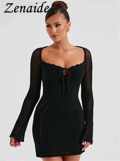 Zenaide Sexy Aushöhlen Langarm Kleid Mini Herbst Frauen Durchsichtig Gestrickte Häkeln Backless Kleider Party 2023