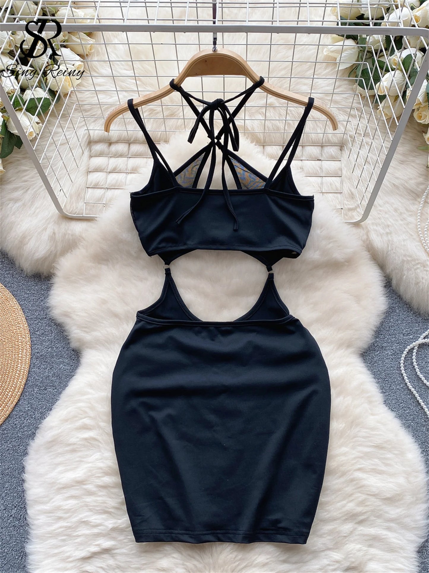 Sensual Mesh Slim Mini Dress Halter Lace Up Cross  Backless Sleepwear 2023 Hotsweet  Hollow Out Bodydress Wanita