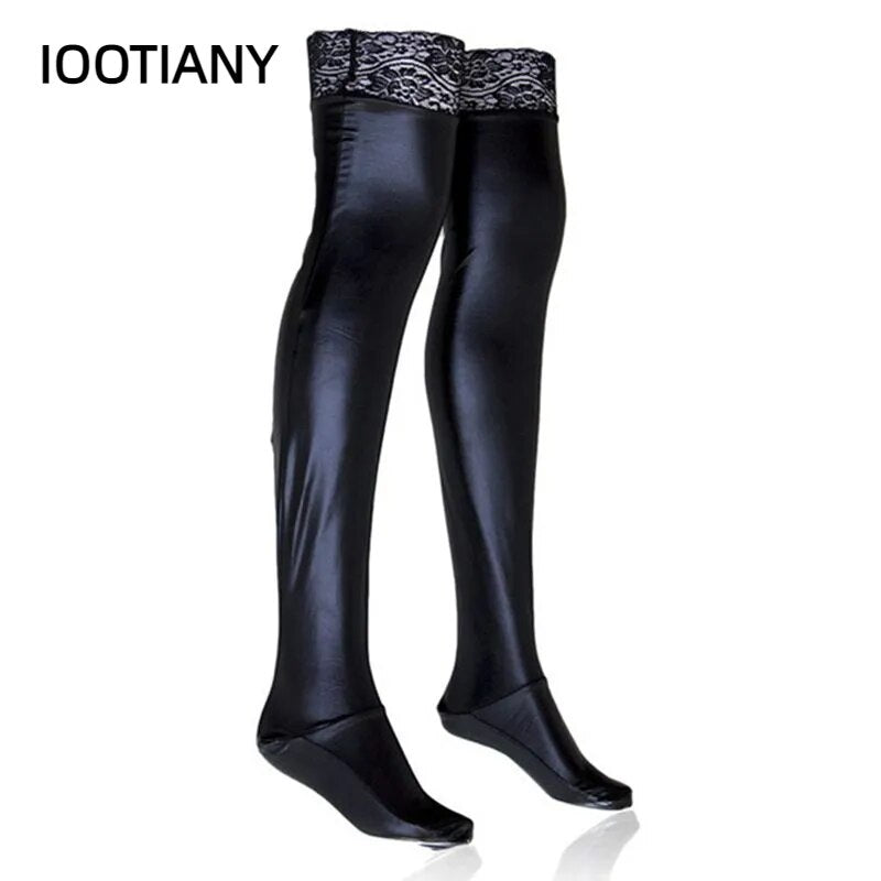 S - XXL Plus Size Latex Stockings Wet Look PVC Pole Dance Lace Top Thigh High Stockings With Silicone Band Women Sexy Lingerie